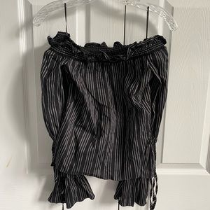 Intermix black and white striped off the shoulder ruffle top